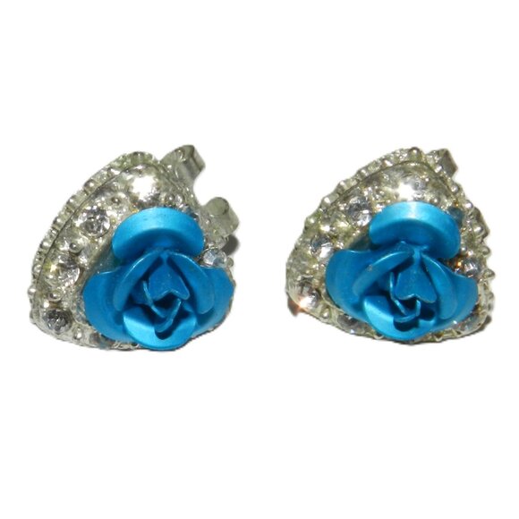 Blue Flower Earrings Clip With Diamonds And Alloy - Picture 7 of 7